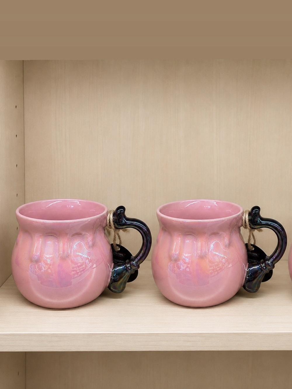 Pink Iridescent Cauldron Mug with Broom Handle Set of 2